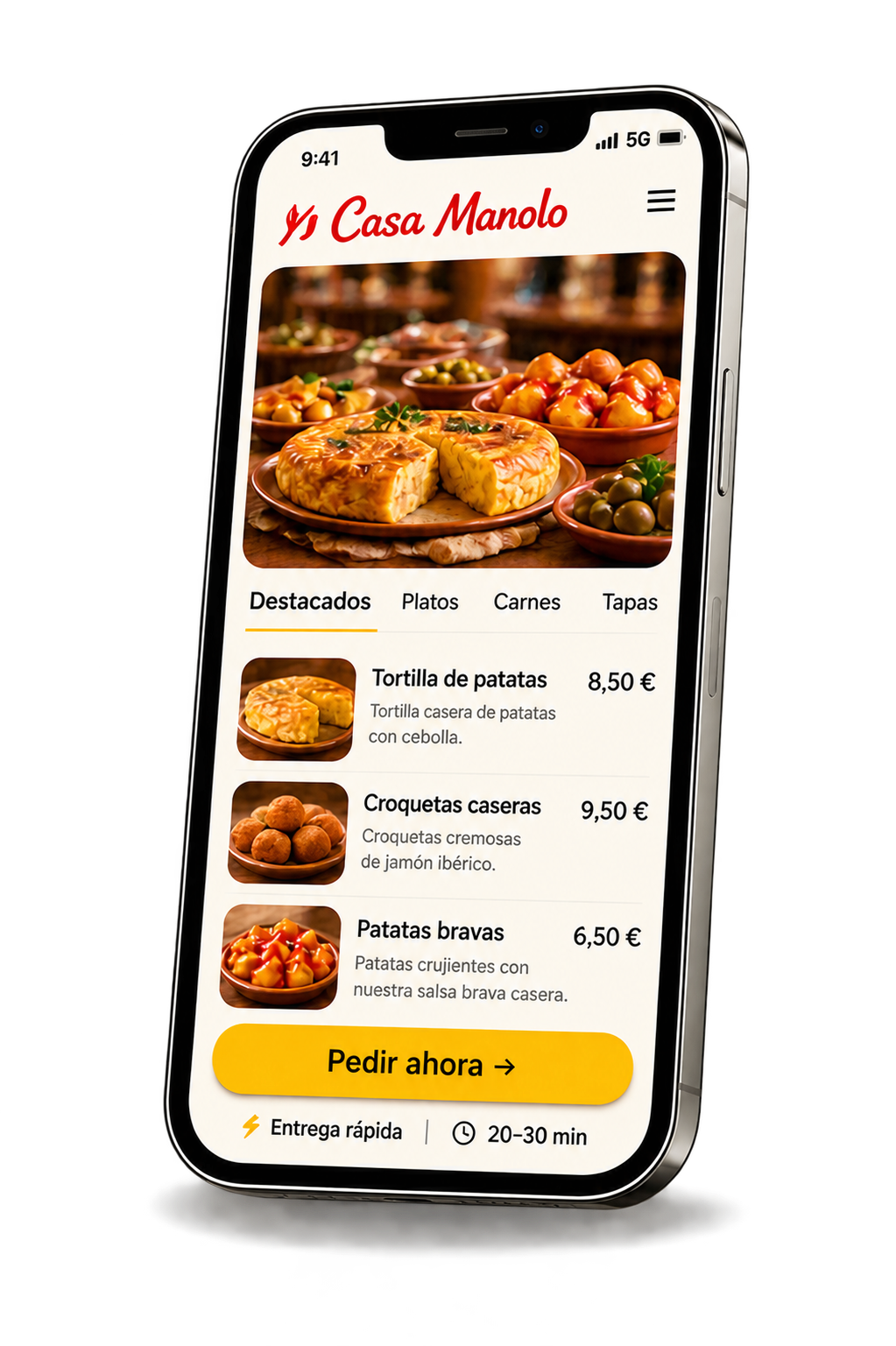 Web de restaurante de diseño mostrada en un móvil