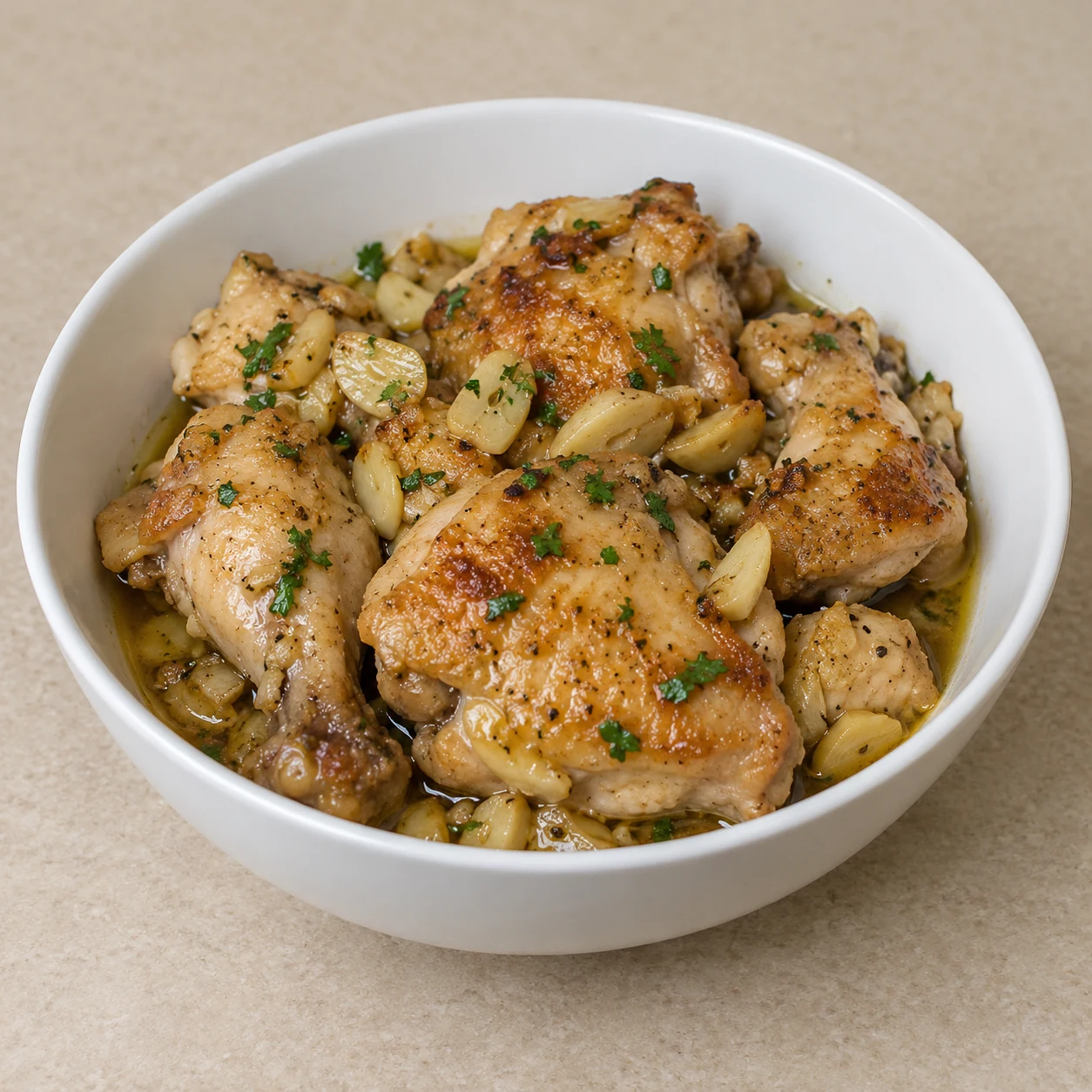 Curry de pollo genérico en estilo stock en un tazón blanco plano sobre una mesa laminada beige
