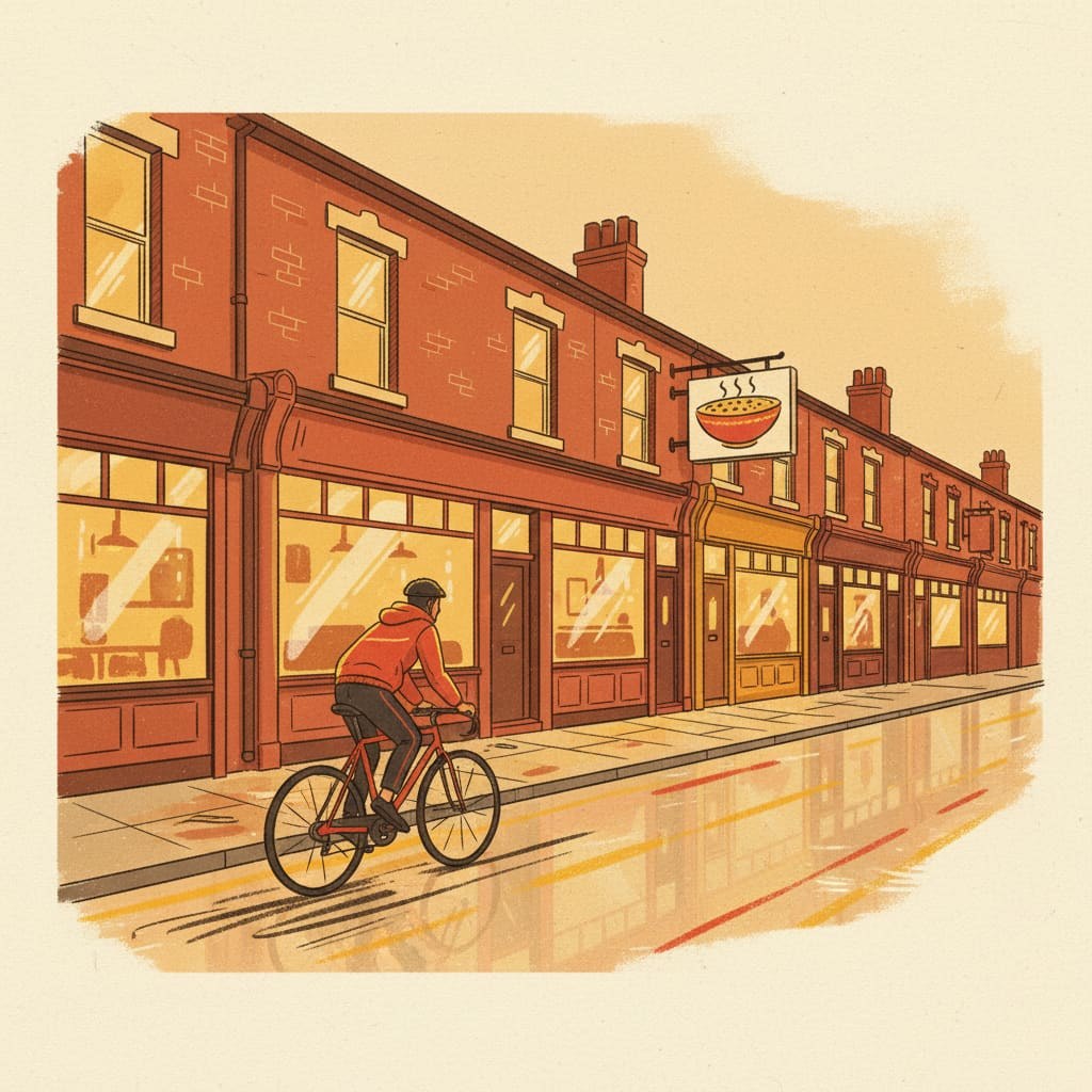 Ilustración editorial de Ladypool Road en el Triángulo Balti de Birmingham - frente de tiendas de restaurantes independientes del sur asiático iluminados en la hora dorada