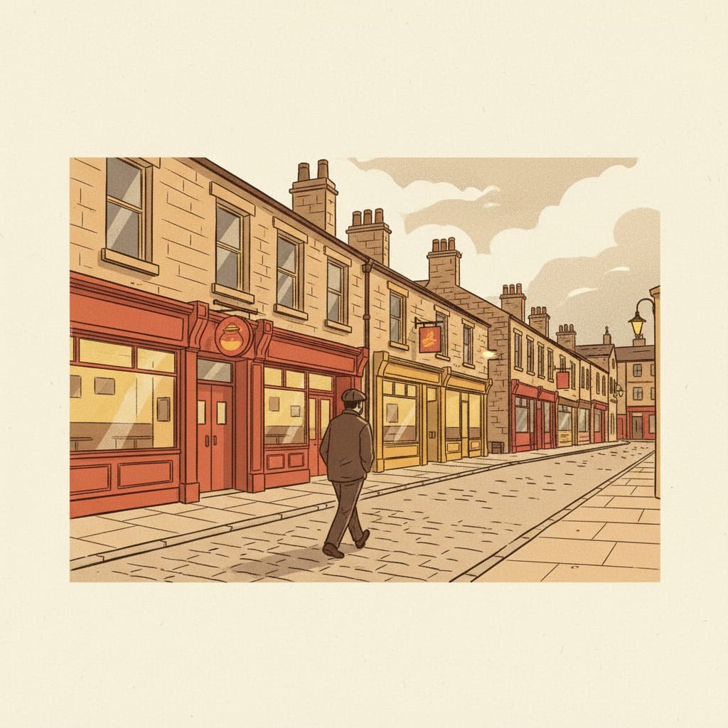 Ilustración editorial de una calle de cinturón de curry de Bradford en la madrugada - restaurantes independientes paquistaníes y cachemiríes con luz cálida en las fachadas de tiendas de piedra de Yorkshire