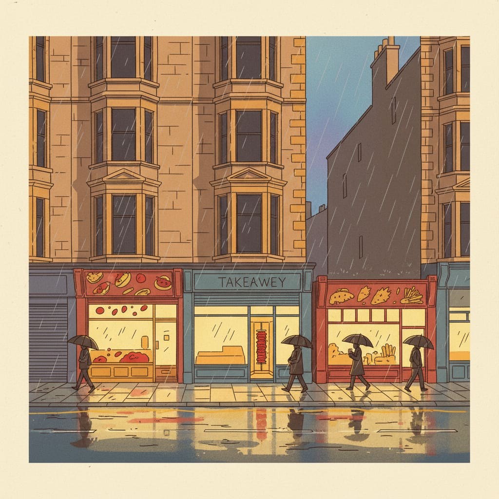Ilustración editorial de una calle en Glasgow Southside al atardecer - edificios de piedra arenisca sobre tiendas independientes con luz cálida