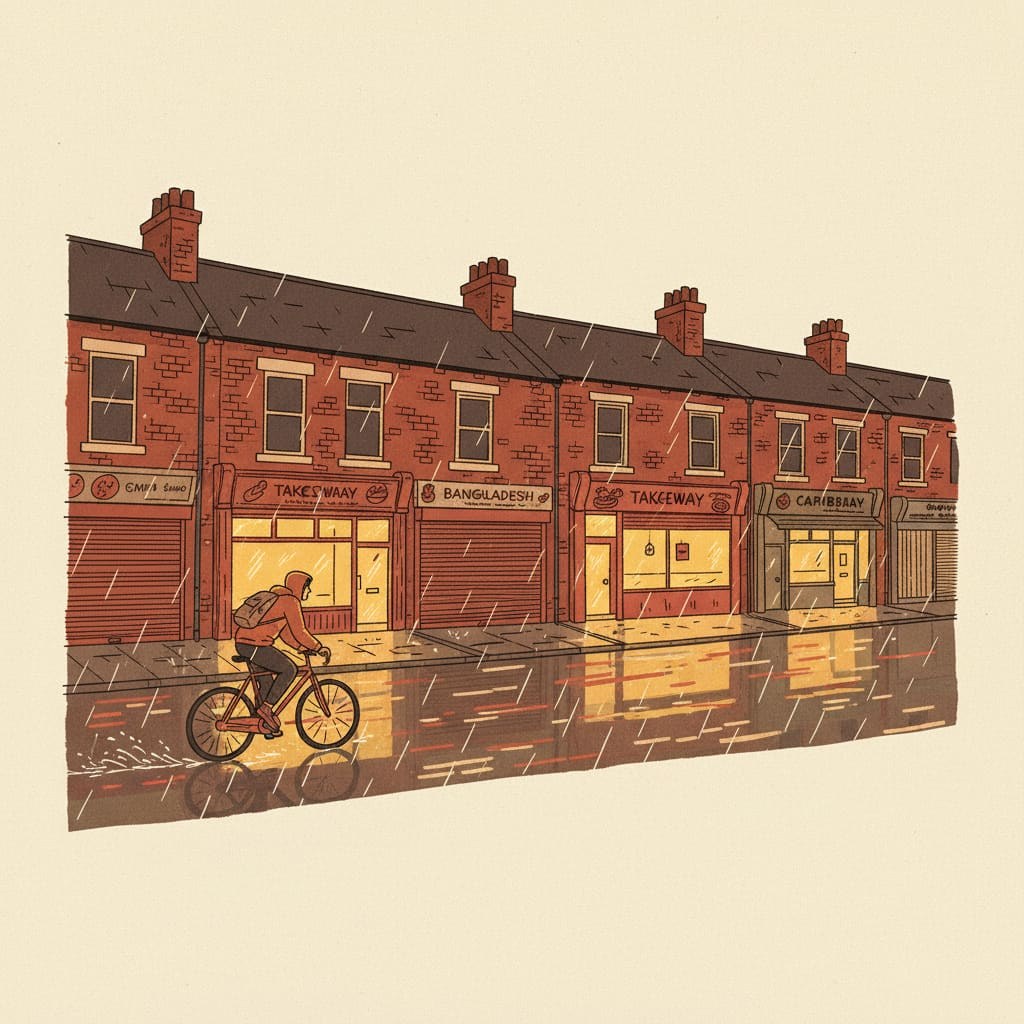 Ilustración editorial de una calle principal de Leeds Harehills al atardecer - frente de tiendas independientes de comida y bebida con luz caliente en Roundhay Road en terrazas de ladrillo rojo Yorkshire
