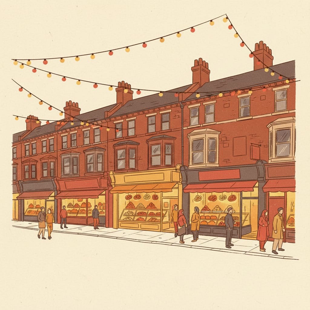 Ilustración editorial de la Milla Dorada de Belgrave Road en Leicester al atardecer: restaurantes y tiendas de dulces del sur asiático con luces de cuerda festivas
