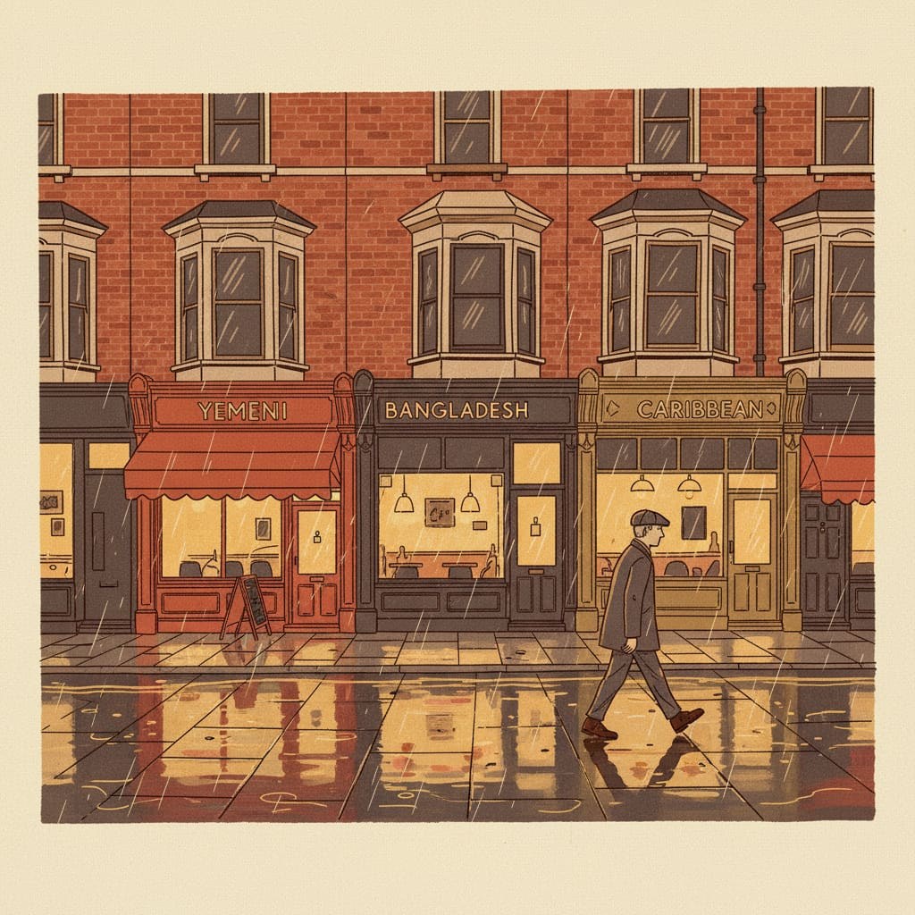 Ilustración editorial de una calle principal de Liverpool Lodge Lane al atardecer - frente de tiendas independientes con luz cálida en terrazas victorianas de ladrillo rojo
