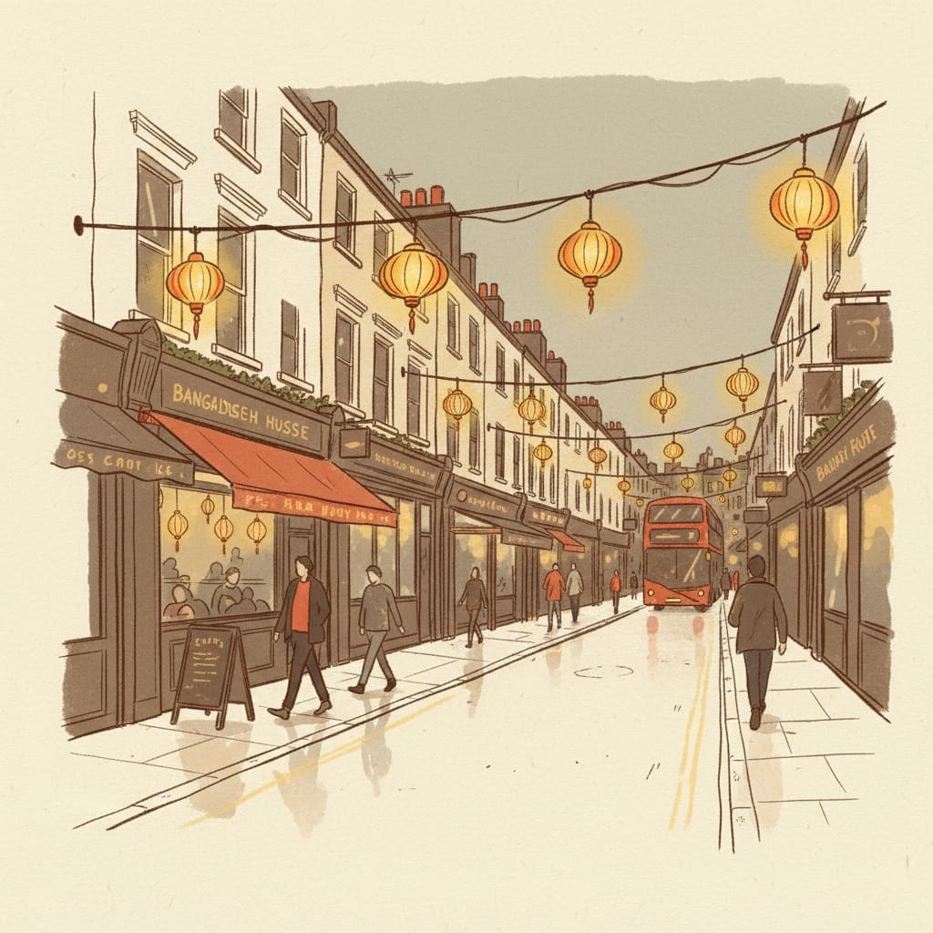 Ilustración editorial de una calle lateral del este de Londres cerca de Brick Lane al atardecer - frentes independientes de casas de curry con linternas cálidas colgantes
