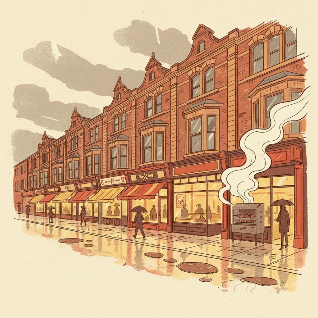 Ilustración editorial de una calle de Manchester Curry Mile al atardecer - frente de tiendas independientes con luz cálida en una carretera lluviosa Rusholme