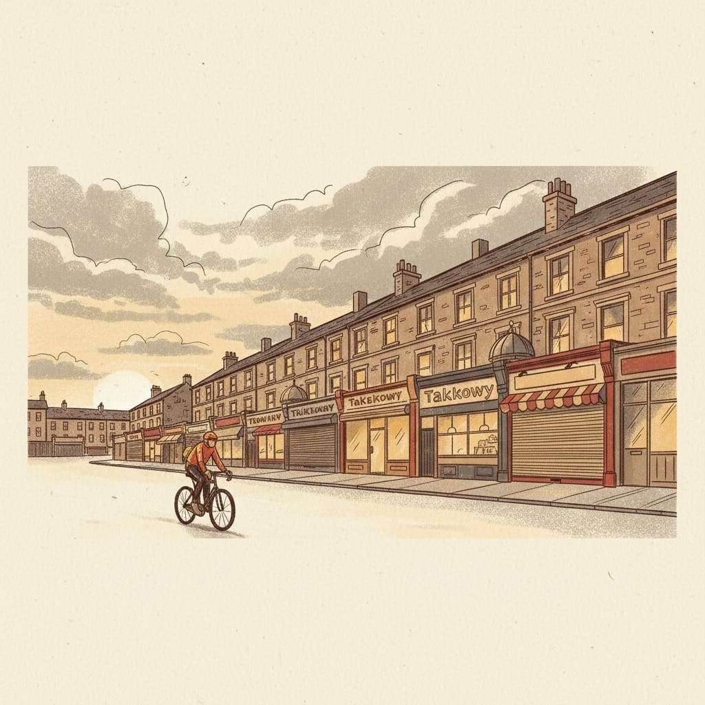 Ilustración editorial de una calle de Sheffield Spital Hill al atardecer - fachadas de tiendas independientes con luz cálida en terrazas de piedra Yorkshire