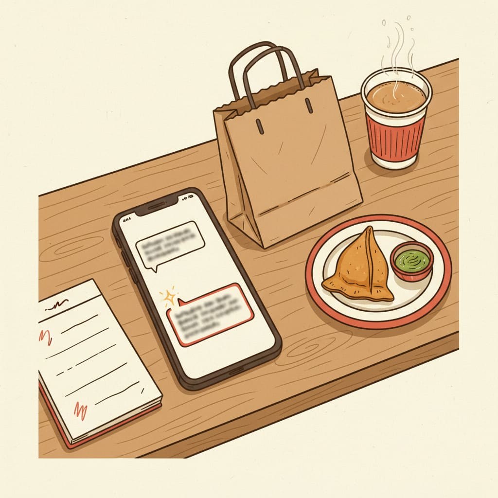 Ilustración de un mostrador de comida con una burbuja de chat de IA nombrando el restaurante como la respuesta