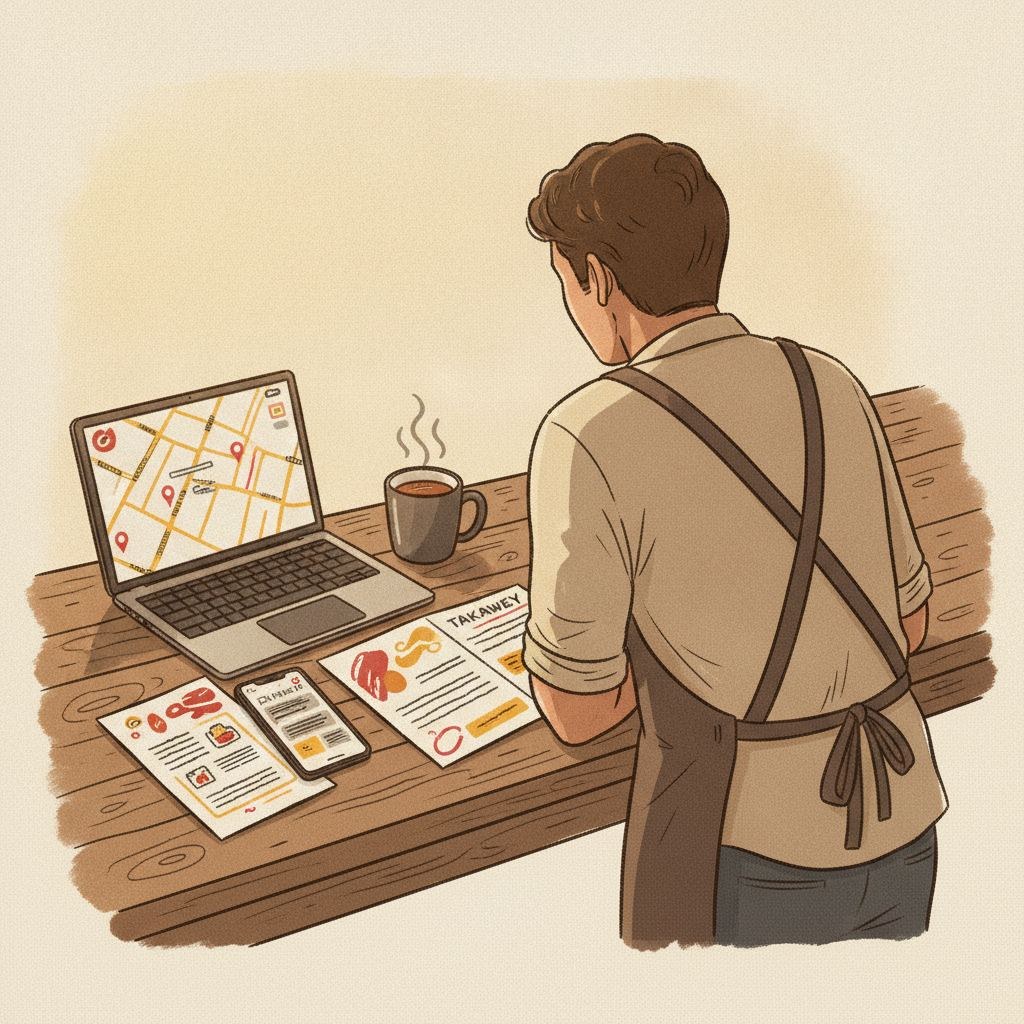 Un propietario de un mostrador comparando propuestas de agencias en una ordenador portátil, con un menú impreso y un teléfono que muestra Google Maps al lado