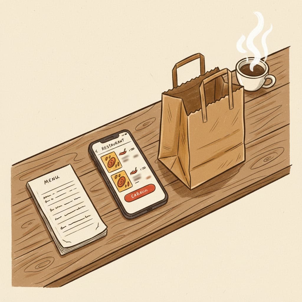 Un teléfono inteligente que muestra una caja de pedidos directos junto a un lector de tarjetas inalámbricas y una bolsa de papel en un mostrador de madera