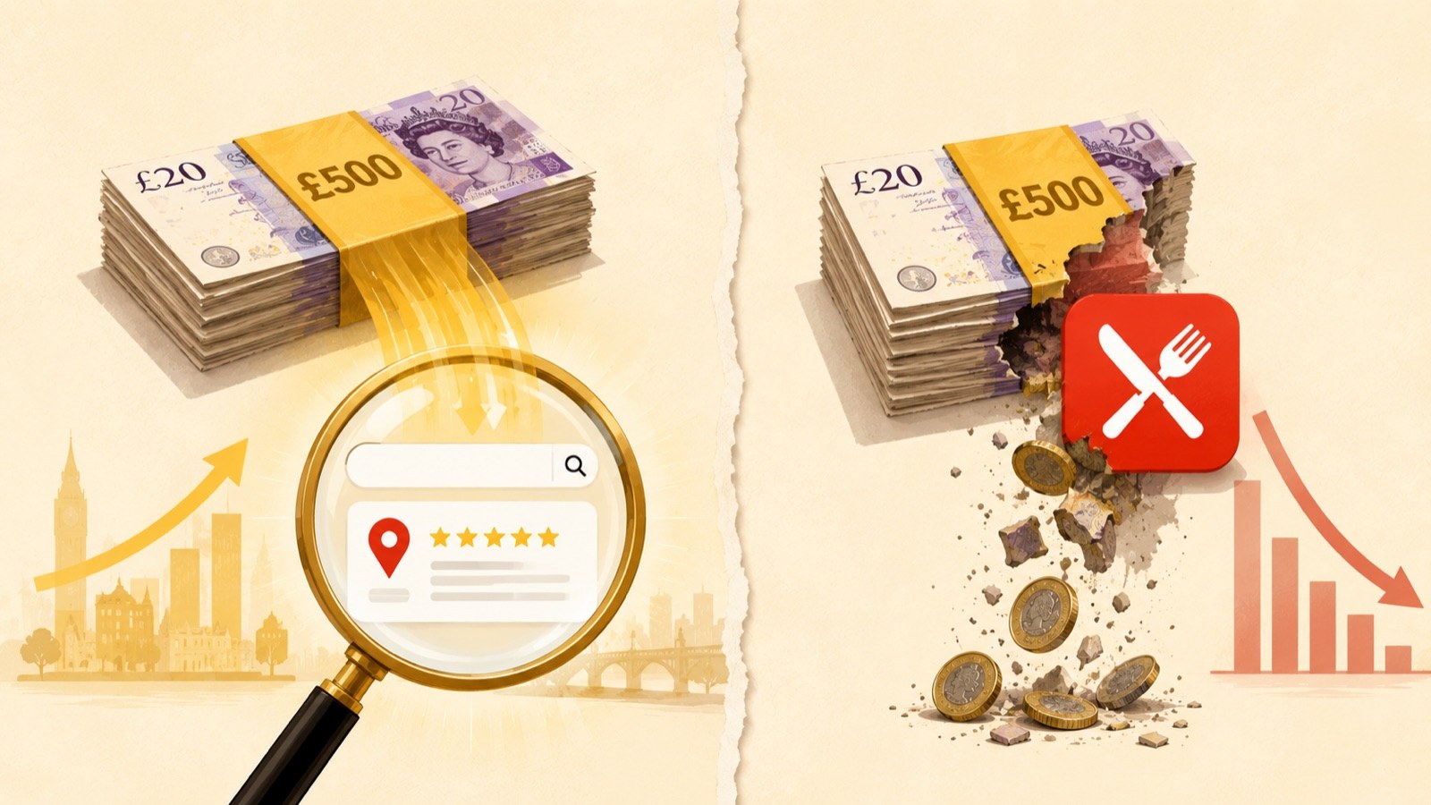 Ilustración en pantalla dividida que compara €500 gastados en Google Ads con las comisiones de la aplicación de entrega