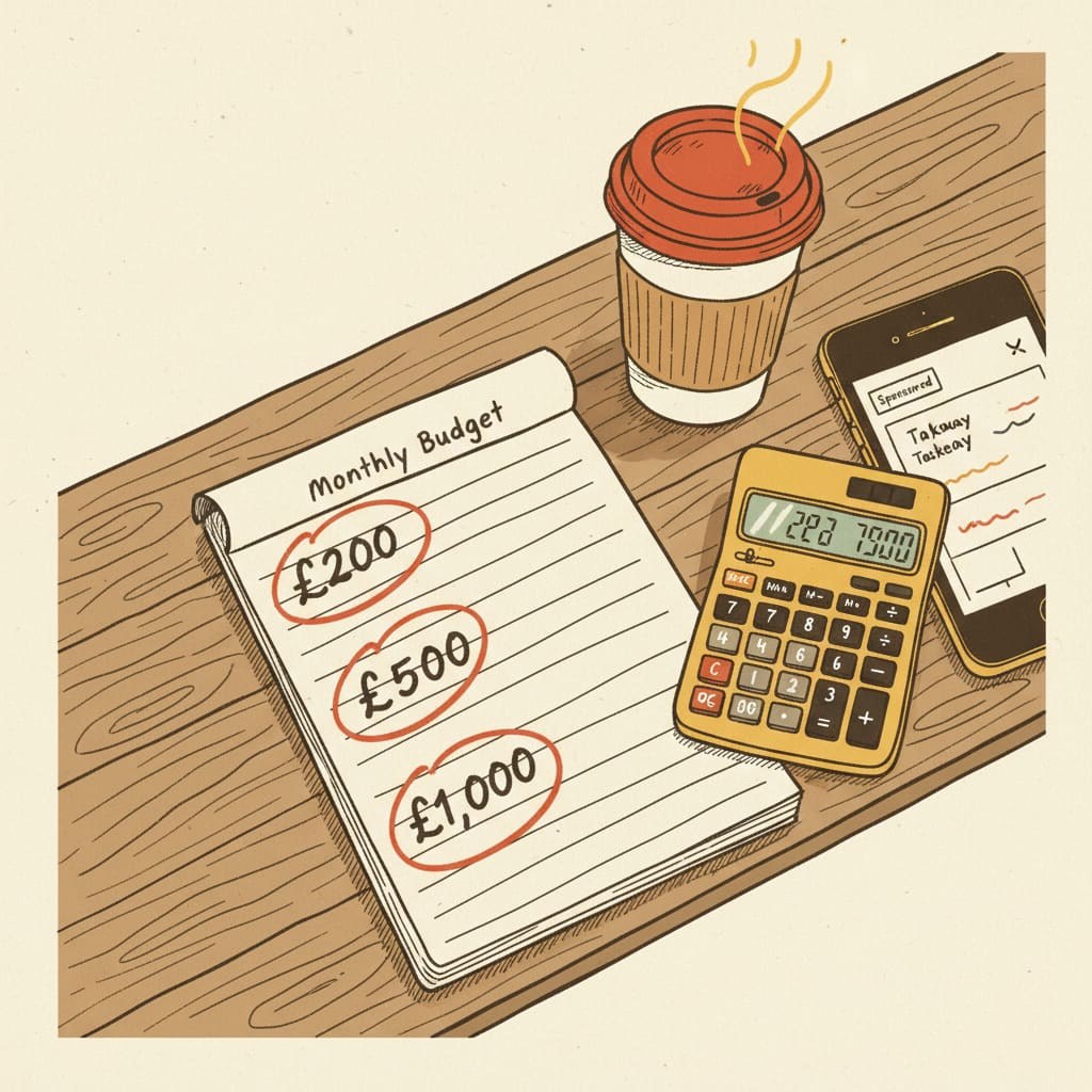 Un cuaderno escrito a mano con tres presupuestos mensuales de Google Ads - €200, €500 y €1,000 - junto a una calculadora y un teléfono que muestran un resultado de búsqueda patrocinado
