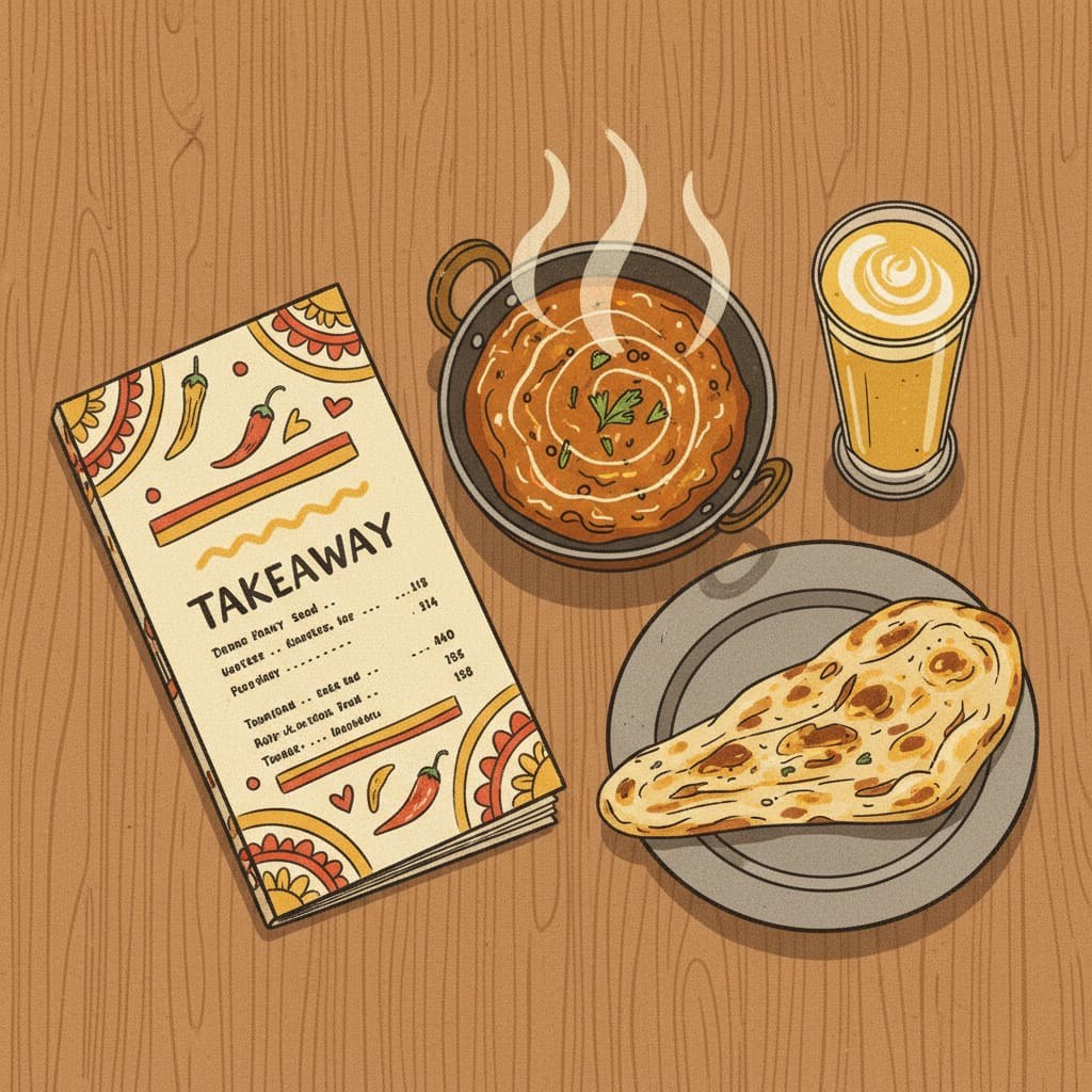 Un menú bien diseñado junto a la comida en una mesa de madera