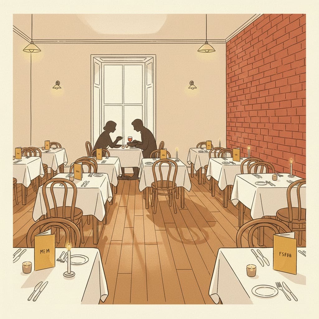 Sala de comedor medio vacía en un restaurante a mediados de la semana - iluminación cálida, mesas puestas, una pareja sentada cerca de la ventana
