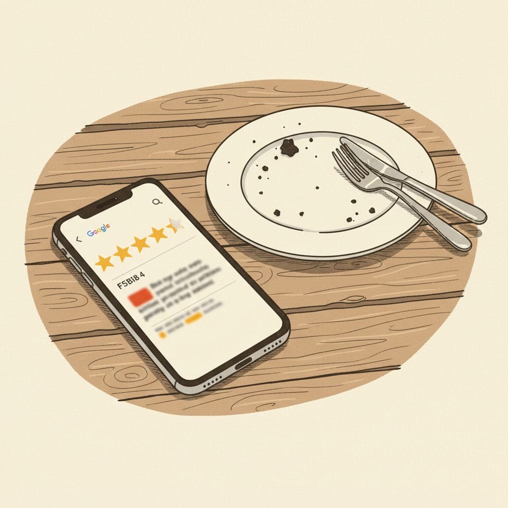 Un teléfono que muestra una reseña de cinco estrellas de Google para un restaurante del Reino Unido en una mesa de madera