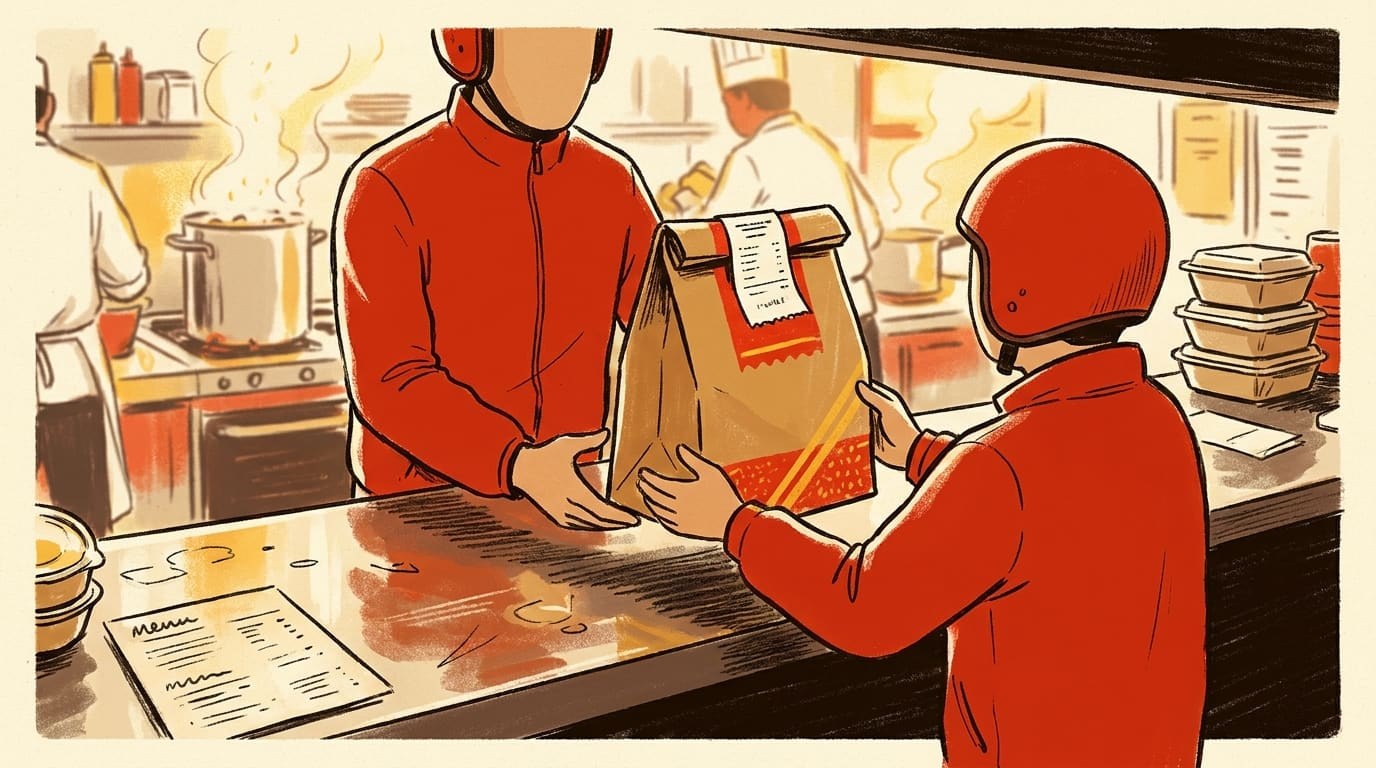 Un trabajador de comida que entrega una bolsa de comida a un corredor de Just Eat en el Reino Unido