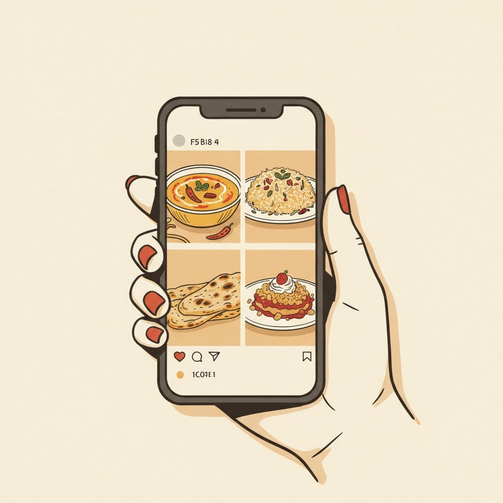 Un teléfono que muestra un feed de Instagram de fotos de comida para un restaurante del Reino Unido