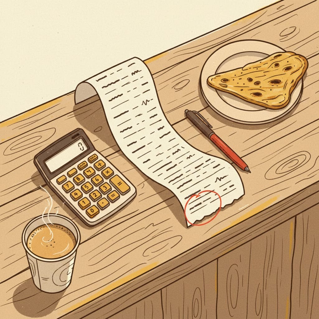 Un recibo de caja que muestra una pila de honorarios Just Eat en un mostrador de madera junto a una calculadora y una taza de té vaporizado
