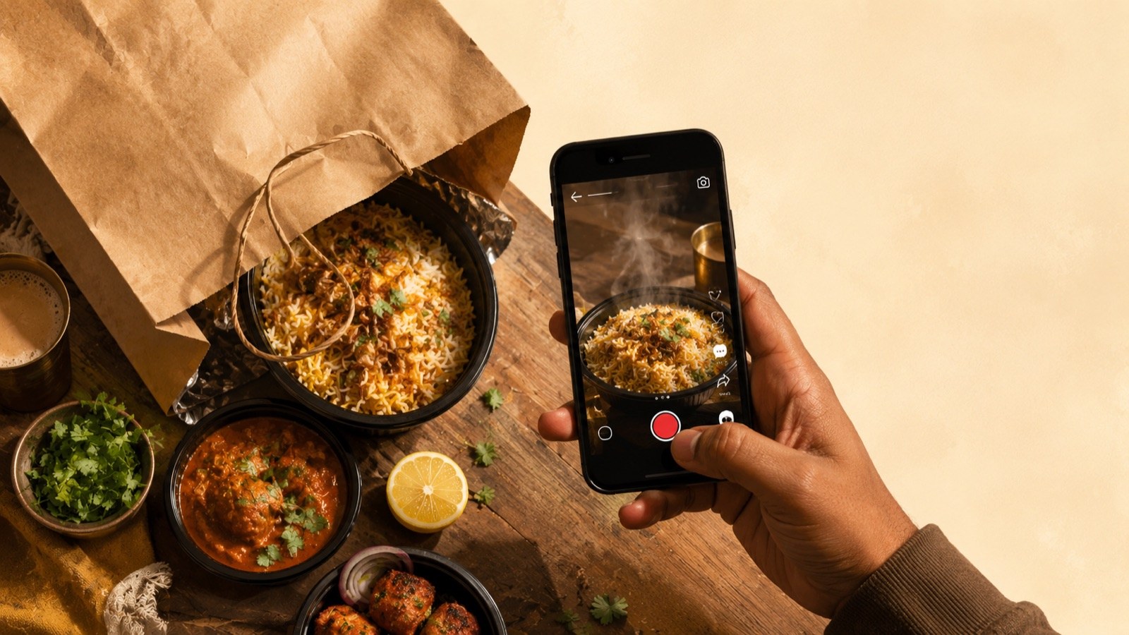 Una capa plana de comida para llevar que se filma para un Instagram Reel