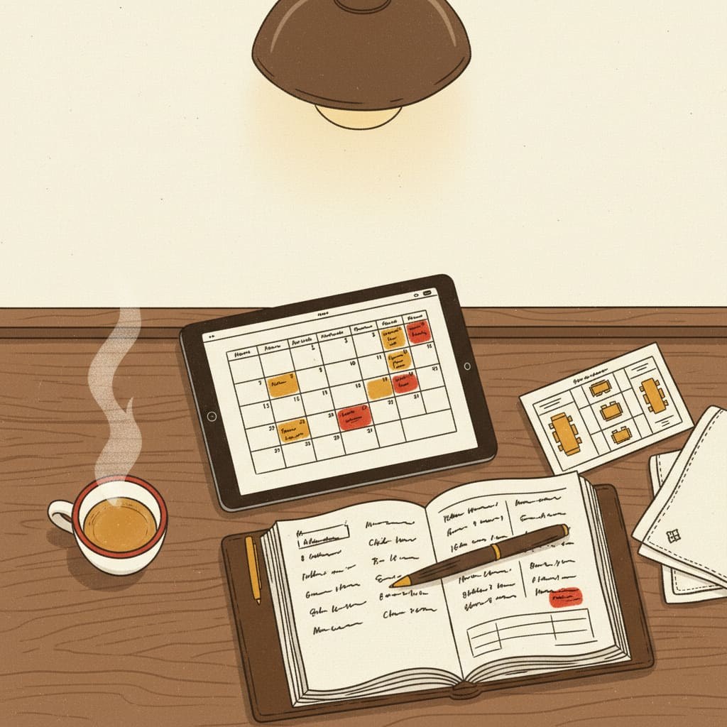 Un libro de reservas y una tableta en un pasaporte de restaurante pulido - la tableta muestra un calendario de plataforma de reserva con estilo; un plan de mesa impreso se encuentra al lado