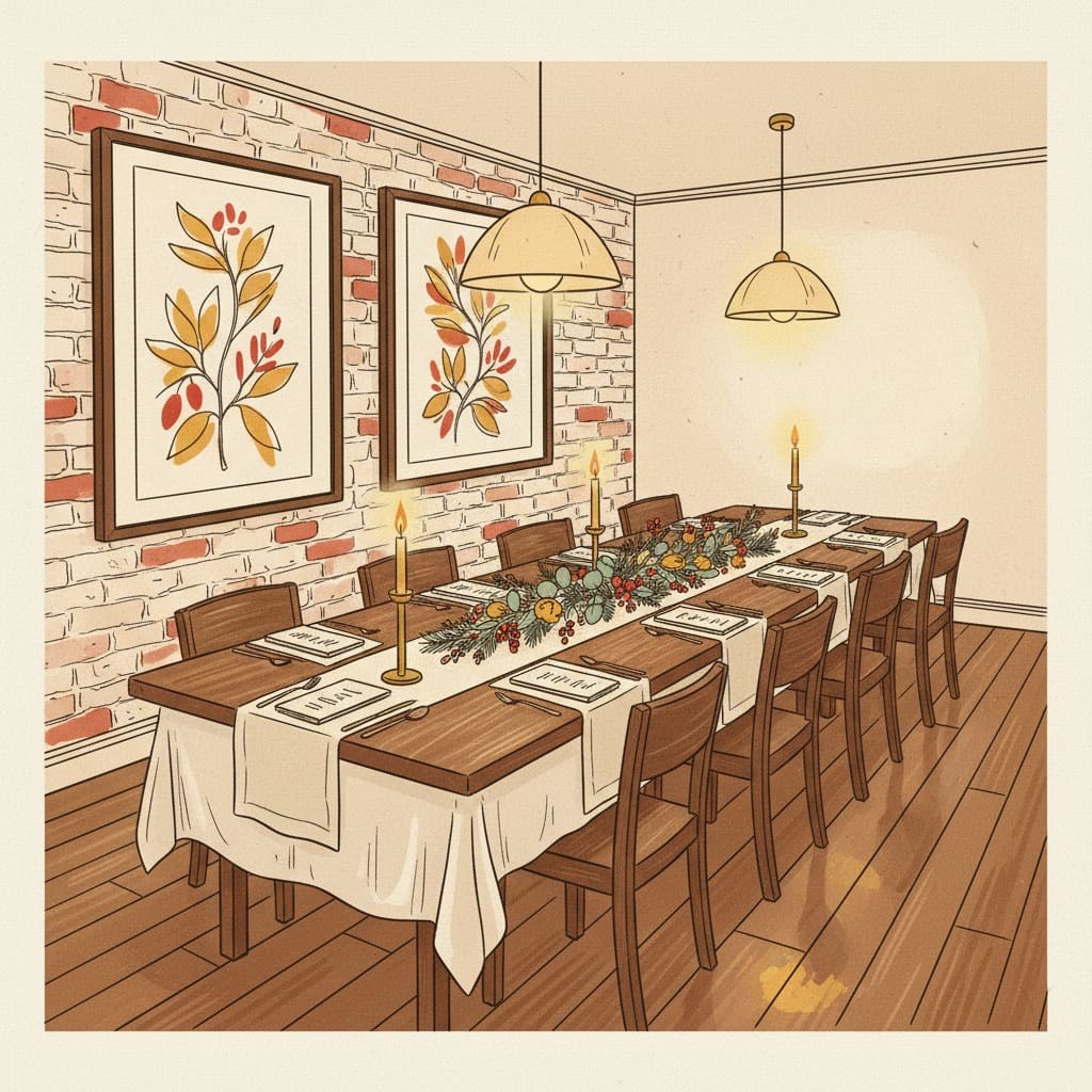 Un comedor privado elegantemente colocado: una larga mesa pulida, ropa de crema, candeleros de latón, tarjetas de menú en cada entorno, iluminación suave colgante