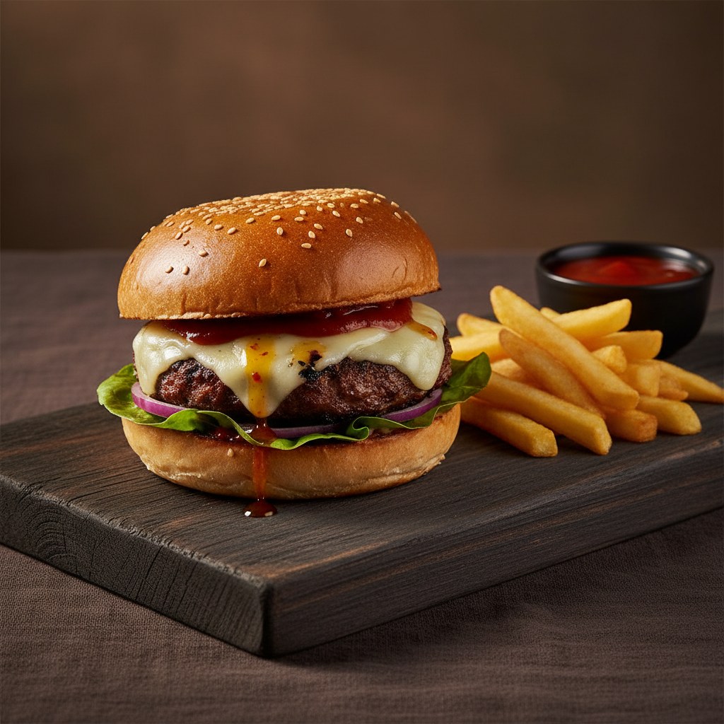 Tres cuartas partes de la hamburguesa con papas fritas en un tablero de madera oscuro.