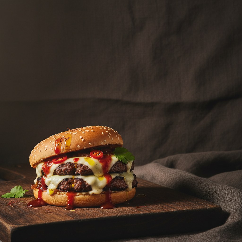Composición cuadrada 1:1 lista para anuncios con el hamburguesa de trampa en la parte inferior izquierda y espacio negativo oscuro en la parte superior derecha para una superposición de encabezado.