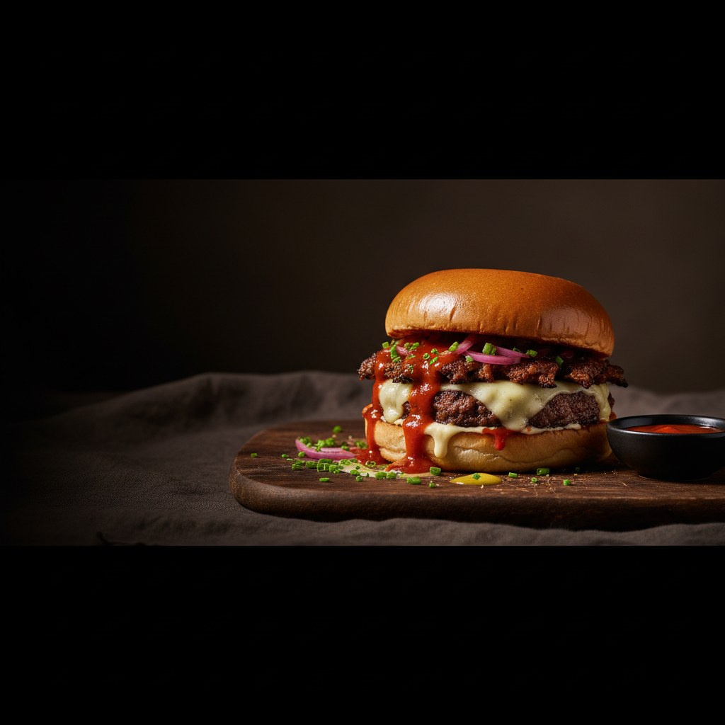 Gran panfleto cinematográfico con el hamburguesa destrozada a la derecha y espacio negativo oscuro para el texto del título a la izquierda.