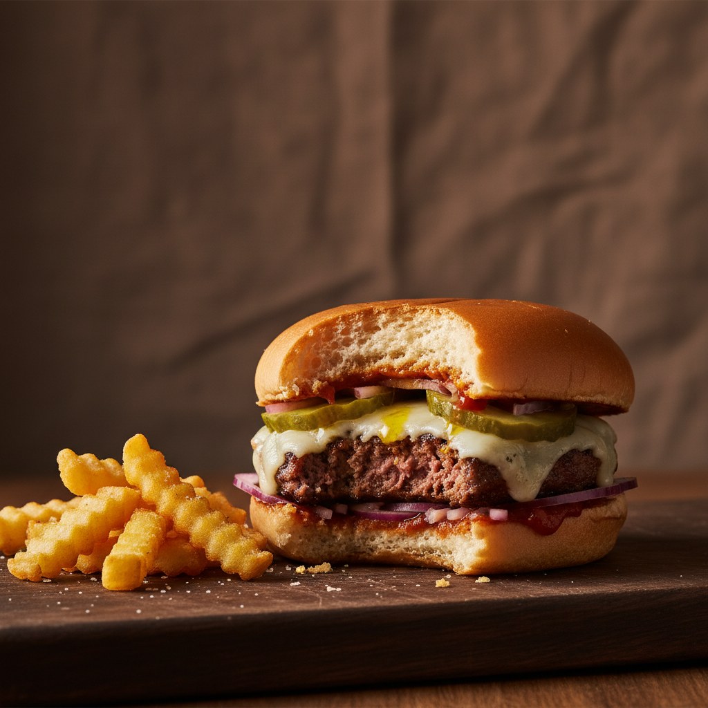 Esmecha una hamburguesa con una mordedura grande, mostrando la sección transversal.