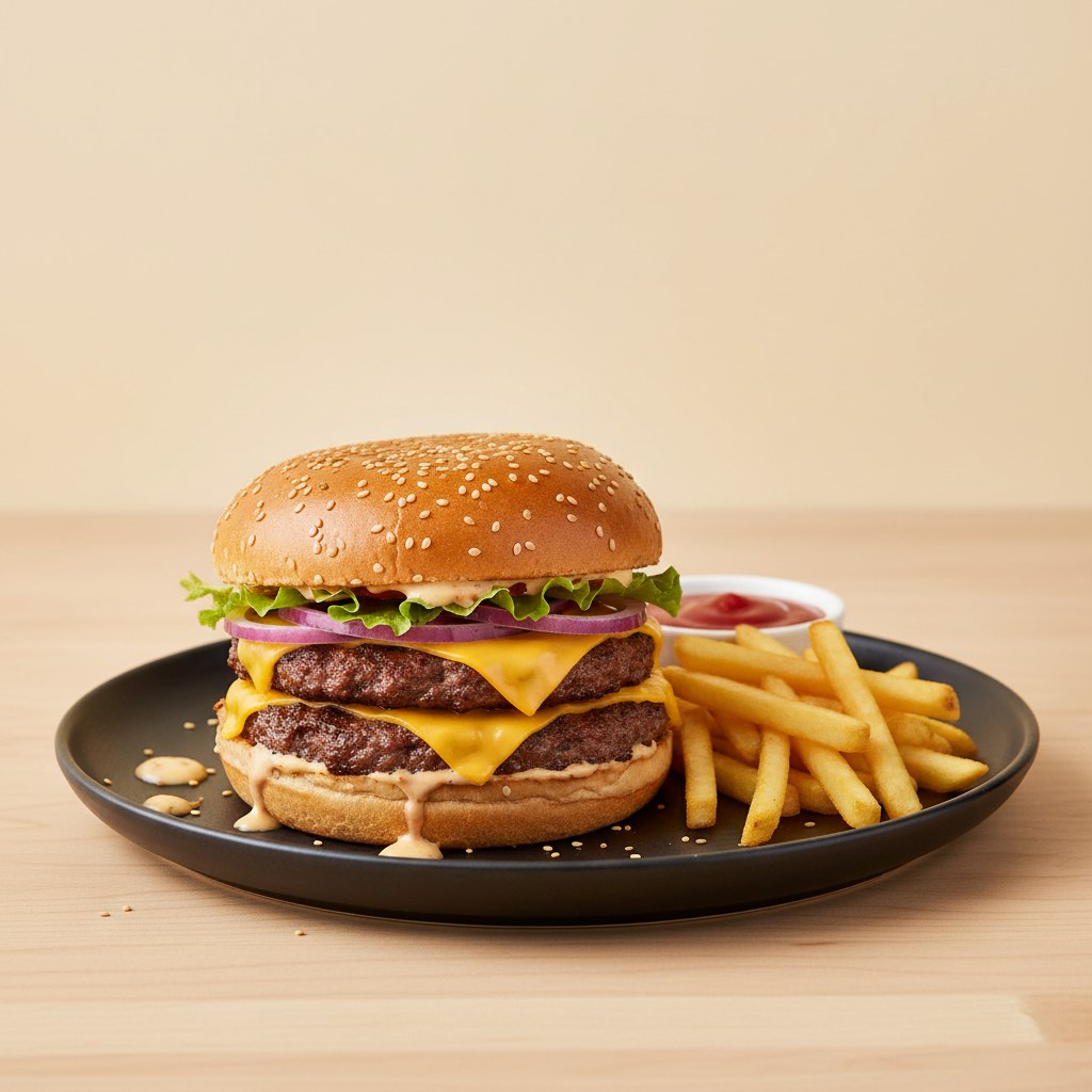 Brillante, limpio y de alta clave alternativo del hamburguesa en un plato negro mate contra un fondo crema.
