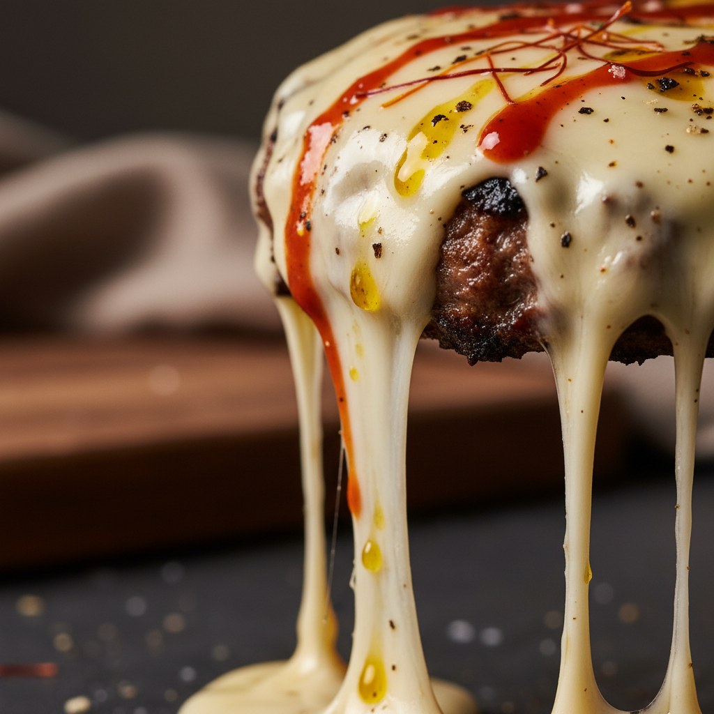 Muy cerca de macro del queso fundido en la hamburguesa.
