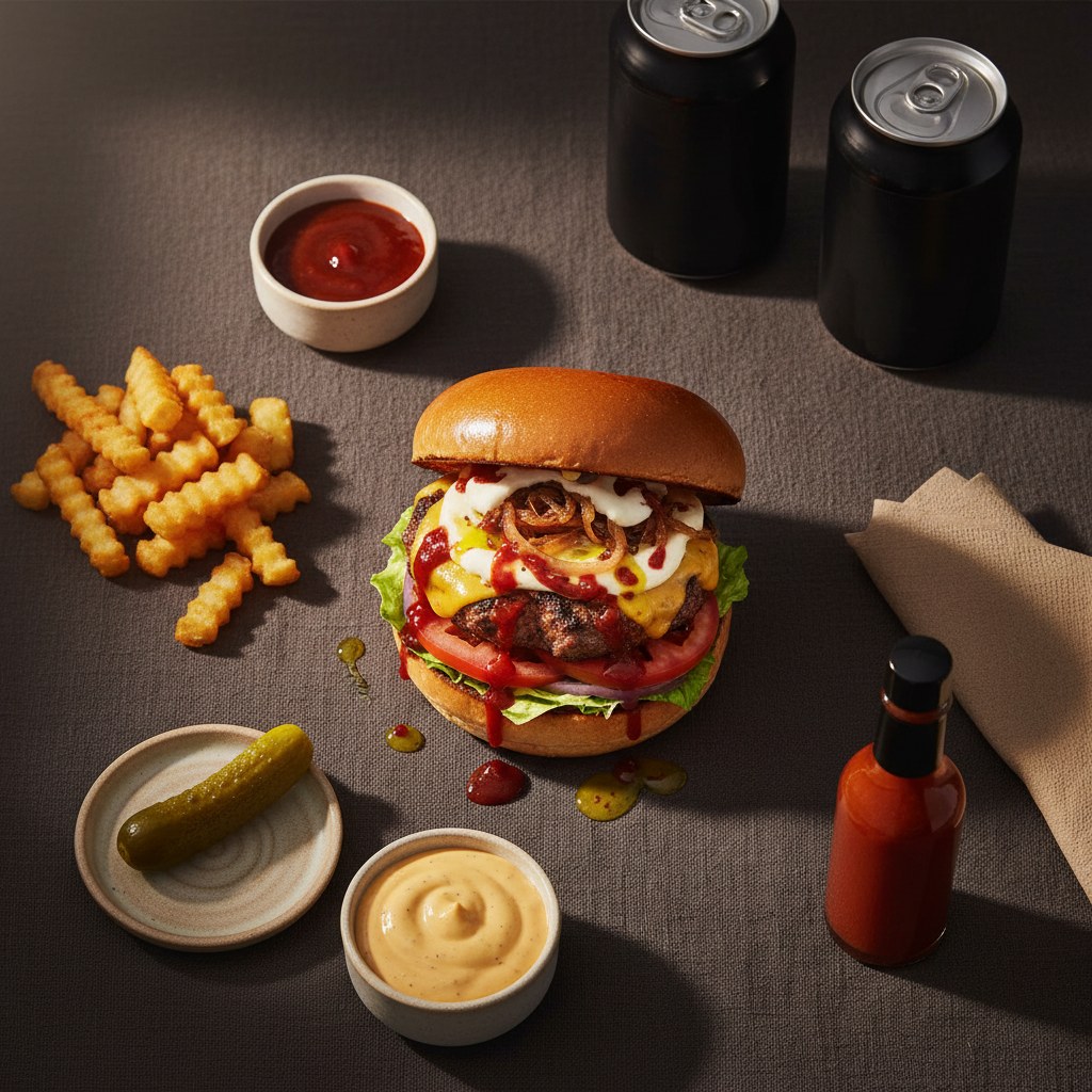 Fotografía editorial plana de la hamburguesa de hamburguesas rodeada de papas fritas, salsas, bebidas y servillas en tela oscura.