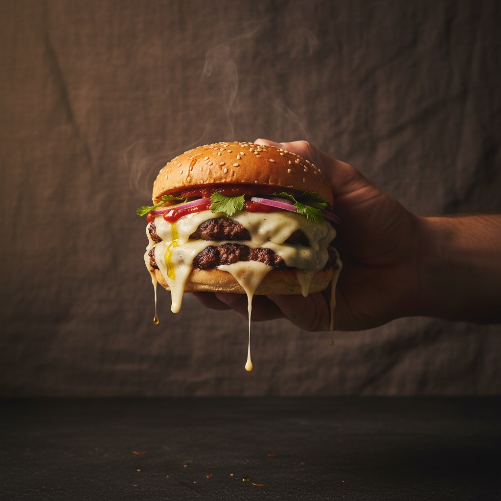 Una foto de una mano que sostiene la hamburguesa contra el fondo.