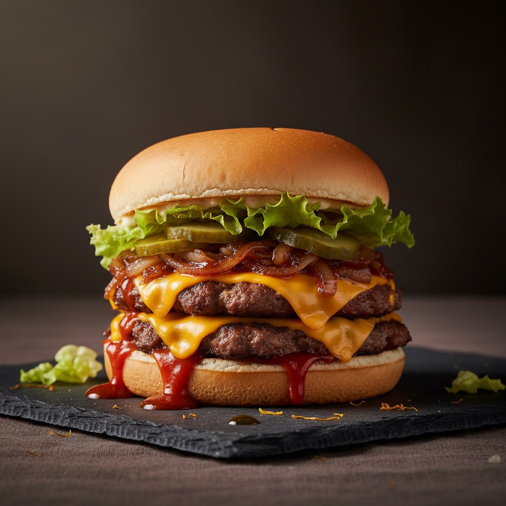 Una foto de perfil lateral de la hamburguesa que muestra cada capa.