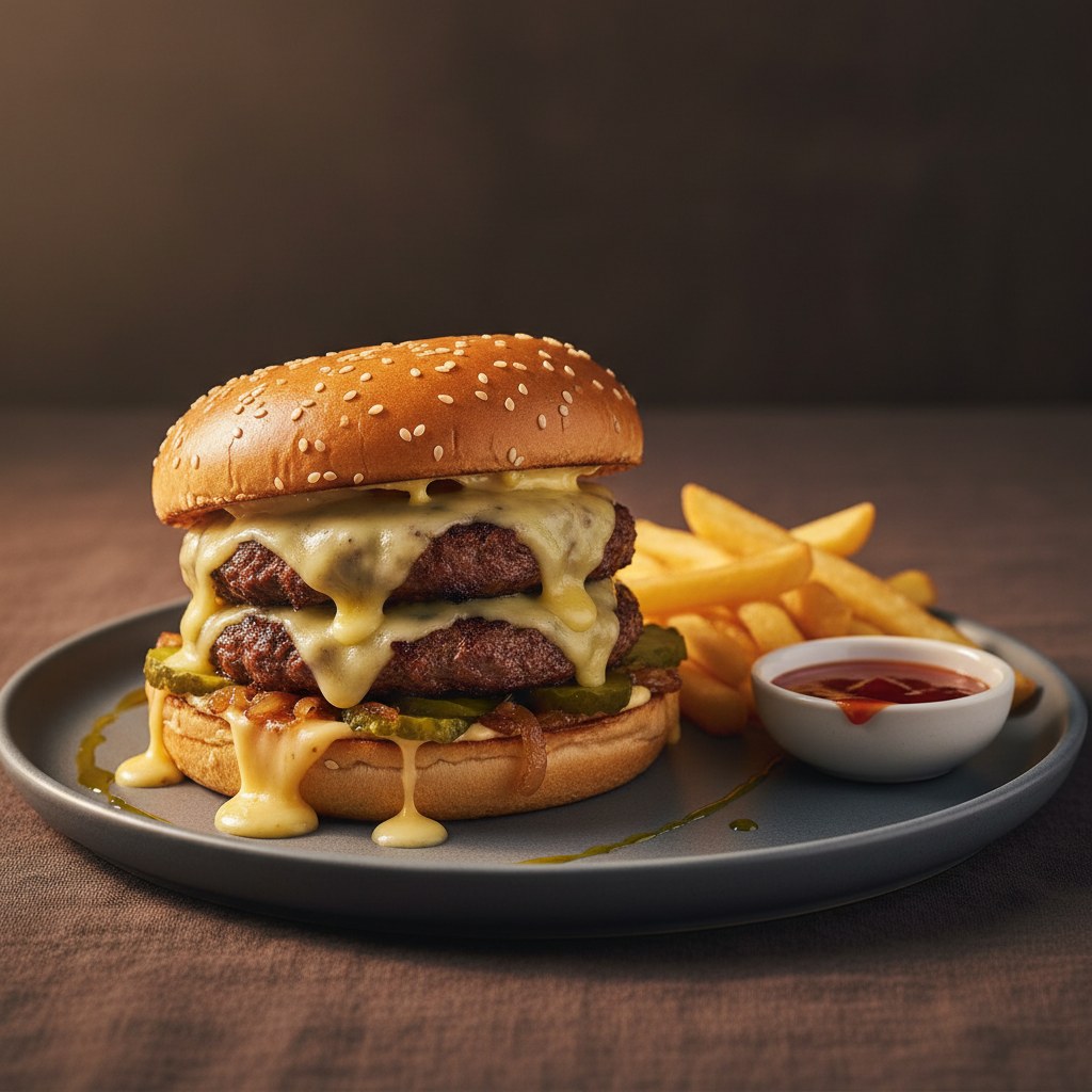Una marca de tres cuartos de una hamburguesa doble con goteo de queso y papas fritas doradas en un plato de pizarra.