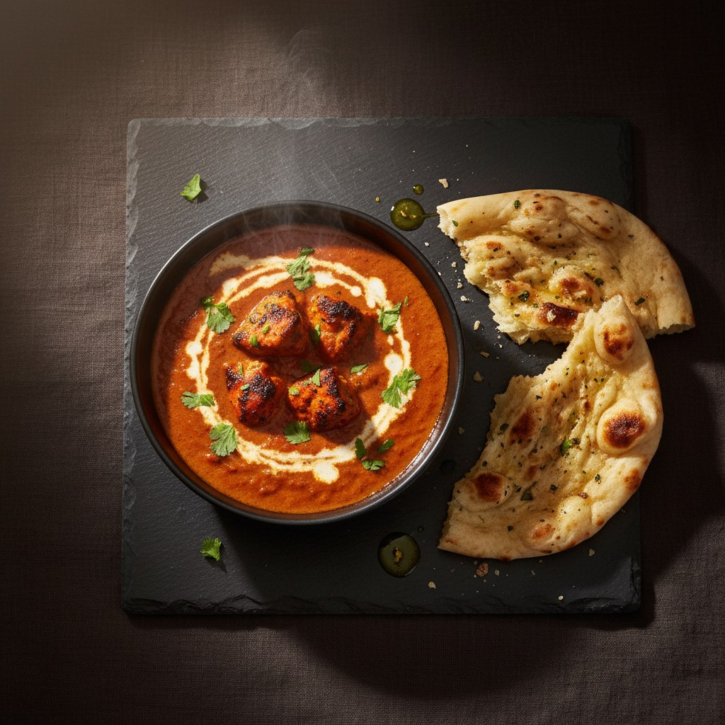Branded top-down shot of creamy butter chicken in a small black bowl with a cream swirl, coriander, and torn naan beside it.