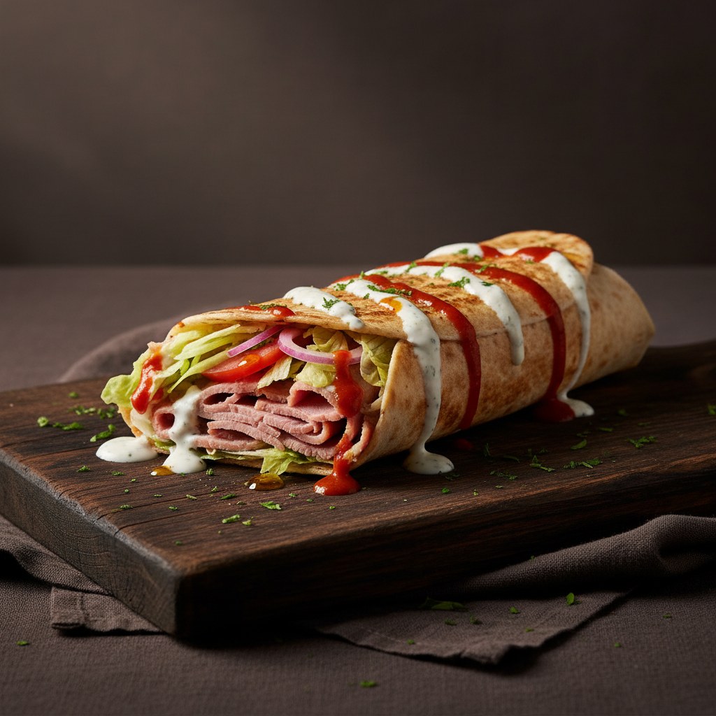 Fotografía lateral de un kebab doner de cordero recién tallado en pan plano con ensalada y salsa.