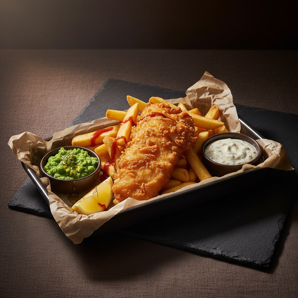 Marca de tres cuartas partes de bacalao golden batido con chips gruesos, guisantes y salsa de tartar en una bandeja de esmalte.