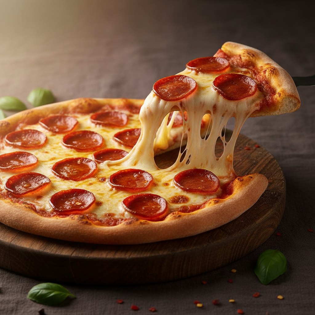 Una foto de tres cuartos de una pizza de pepperoni que se levanta del pastel con queso estirado.