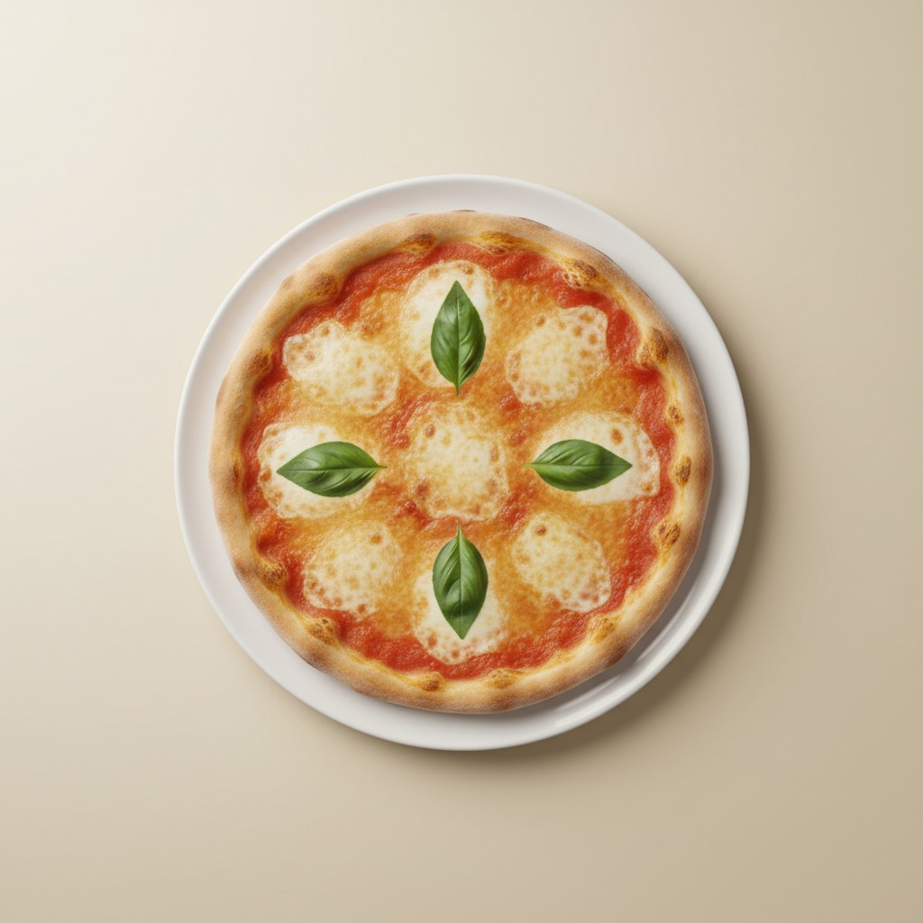 Pizza genérica generada por IA en un plato blanco plano contra un fondo beige plano - sin estilo, sin carácter de marca.