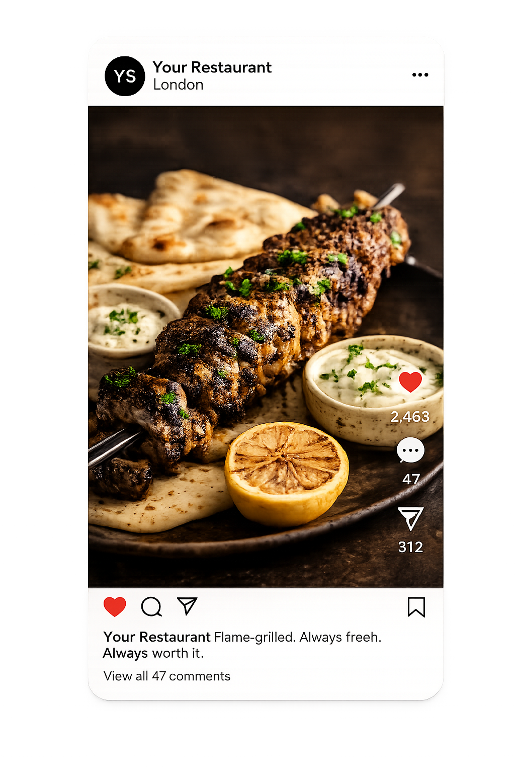 Móvil con un reel gastronómico, me gusta, comentarios y guardados