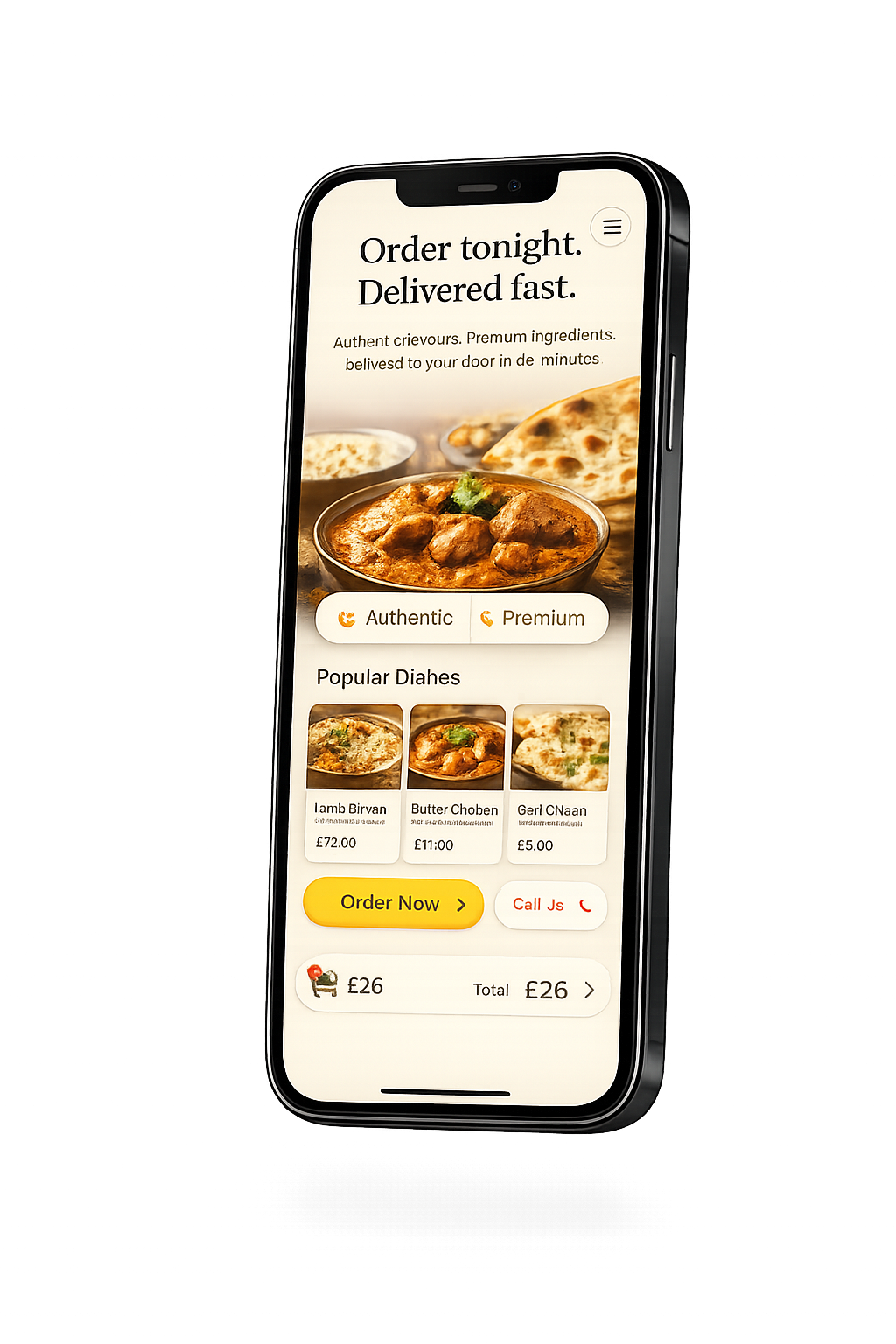 Ejemplo de web de restaurante construido por Miga moderno mostrado en un smartphone
