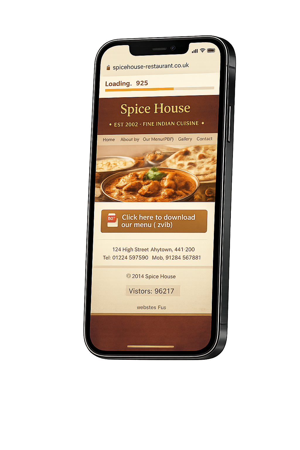 Ejemplo de web de restaurante fechado mostrado en un teléfono inteligente