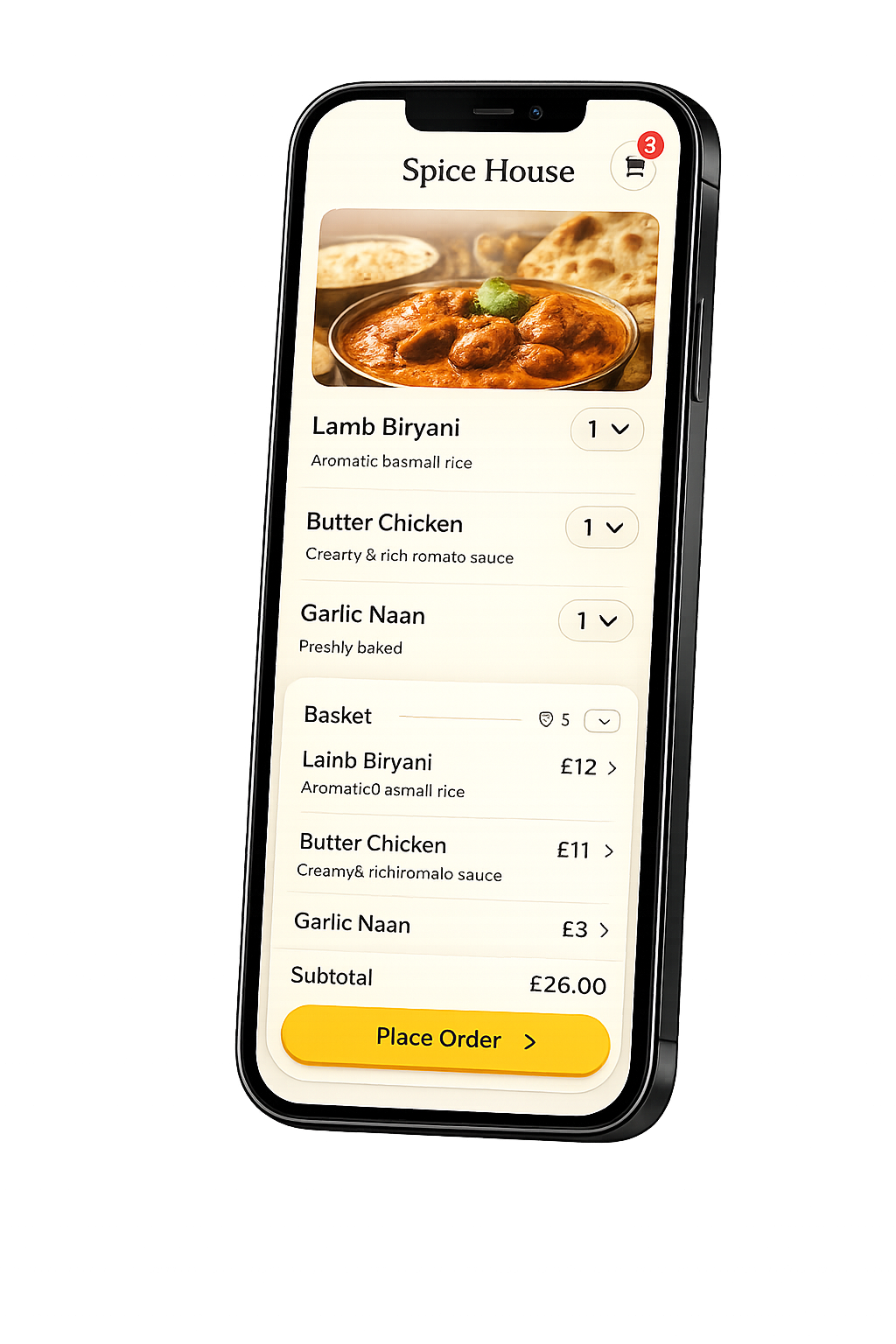 Menú de Spice House en un smartphone moderno - ejemplo de un sitio de restaurante construido por Miga